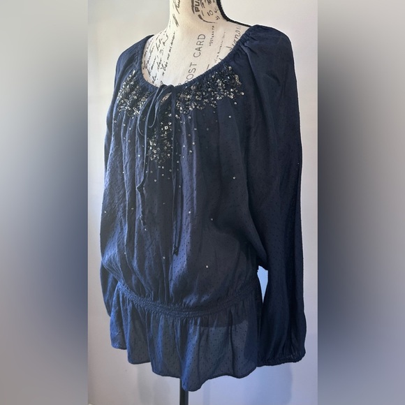 💙Charter Club Women's Blue Sequin Tie-Neck Blouse -💙 - Picture 2 of 10